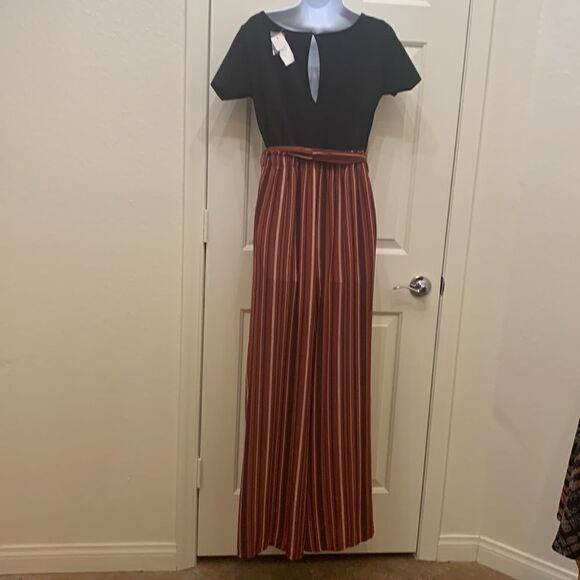 LA Gypsy Large Black Scoop Neck Top Stripped Elongating Leg Keyhole Closure - Picture 6 of 15